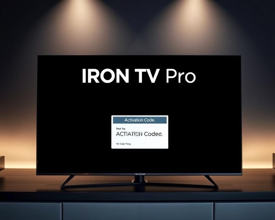 A digital activation code for the Iron TV Pro streaming service, displayed on a sleek, modern device screen. The code is prominently featured, set against a dark, minimalist background with subtle ambient lighting. The overall composition conveys a sense of sophistication and high-quality technology, reflecting the premium nature of the Iron TV Pro subscription. The image has a crisp, high-resolution quality, with a depth of field that keeps the code in sharp focus while subtly blurring the edges of the screen. The tone is clean, elegant, and inviting, encouraging the viewer to engage with the activation process.