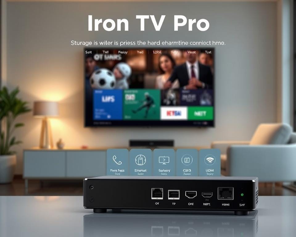 A high-quality, detailed, and visually striking image of the Iron TV Pro streaming interface, showcasing its core features. The foreground should display the sleek and intuitive user interface, with clean icons, smooth navigation, and a visually appealing layout. The middle ground should highlight the device's connectivity options, such as HDMI, Ethernet, and wireless connections, emphasizing its versatility. The background should depict a modern, minimalist living room setting, with subtle lighting and a warm, inviting atmosphere to complement the device's premium design. The overall image should convey a sense of technological sophistication, user-friendliness, and seamless home entertainment experience.