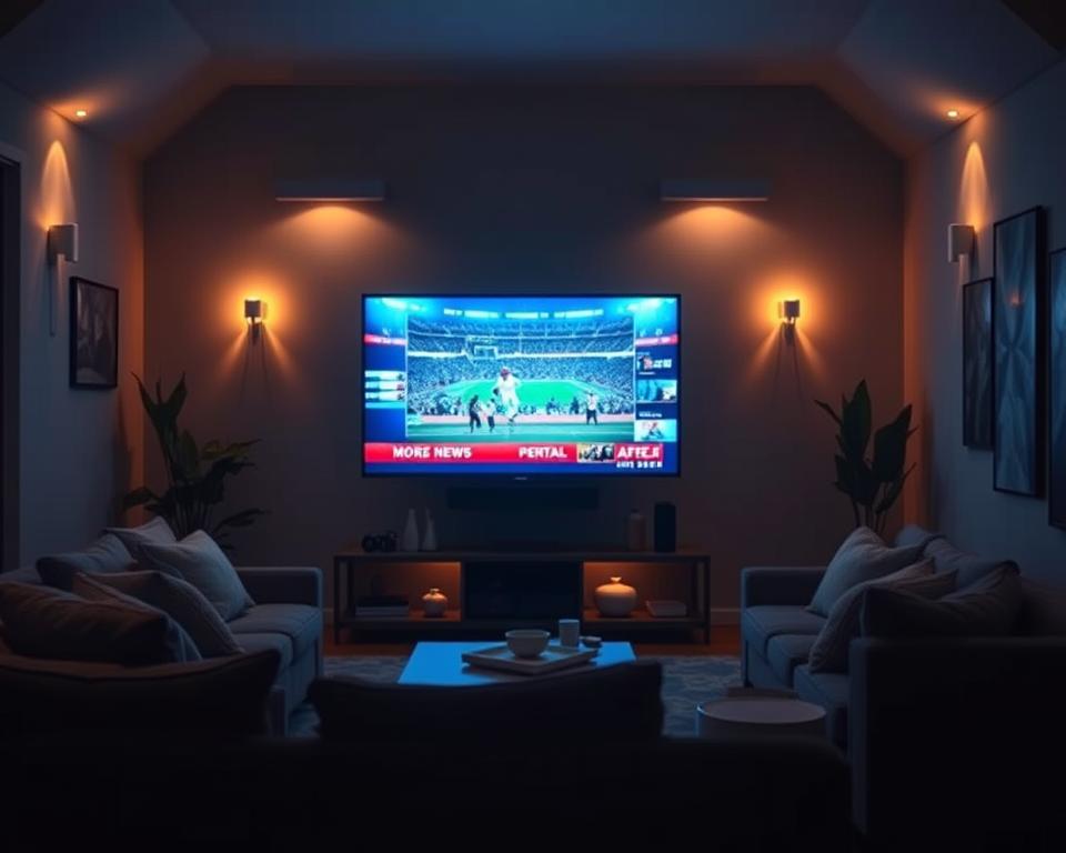 A living room interior, dimly lit by the soft glow of a large, flat-screen television set placed prominently in the center. The viewer's eyes are drawn to the screen, which displays a vivid, high-definition image of a live news broadcast or sporting event. The room is furnished with comfortable, modern seating, and the walls are adorned with minimal, tasteful decor, creating a cozy and immersive atmosphere. Warm, diffused lighting from hidden sources casts a gentle ambiance, enhancing the cinematic experience. The overall scene conveys a sense of relaxation and engagement, perfectly capturing the experience of watching live television in the comfort of one's own home.