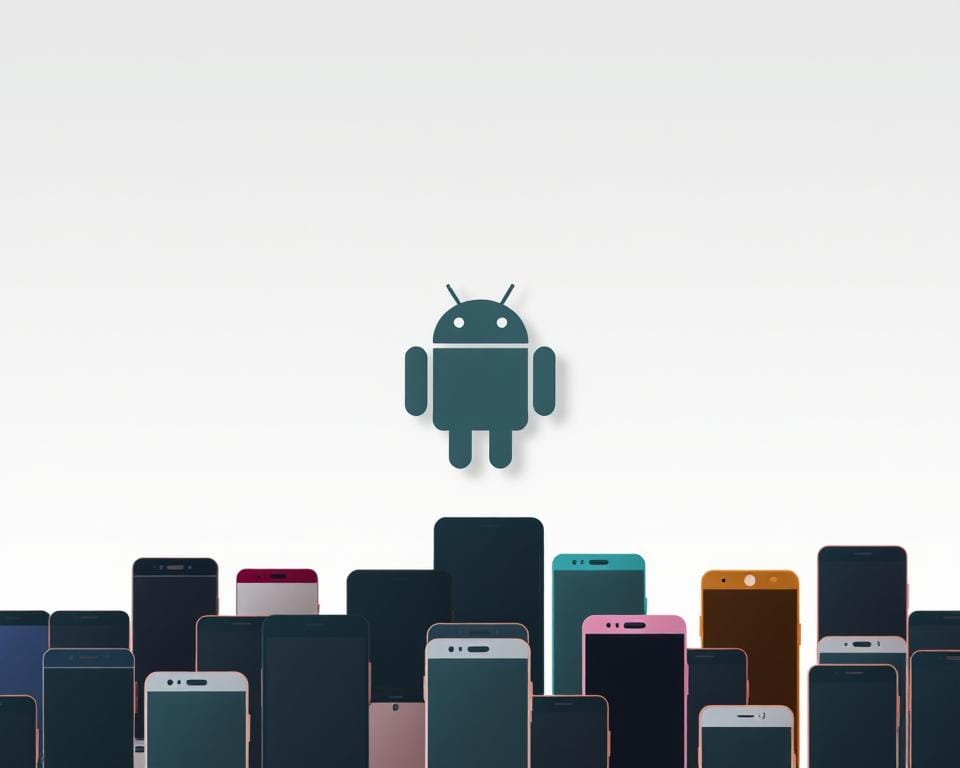 A modern, minimalist illustration of Android device compatibility. In the foreground, various Android smartphone silhouettes in different colors and sizes arranged in a visually appealing pattern. The middle ground features a clean, geometric Android logo rendered in a subtle, muted tone. The background is a soft, gradient-based color scheme, creating a sense of depth and sophistication. Lighting is natural and even, with a slight directional highlight to emphasize the layered elements. The overall tone is sleek, professional, and reflects the technological nature of the subject matter.