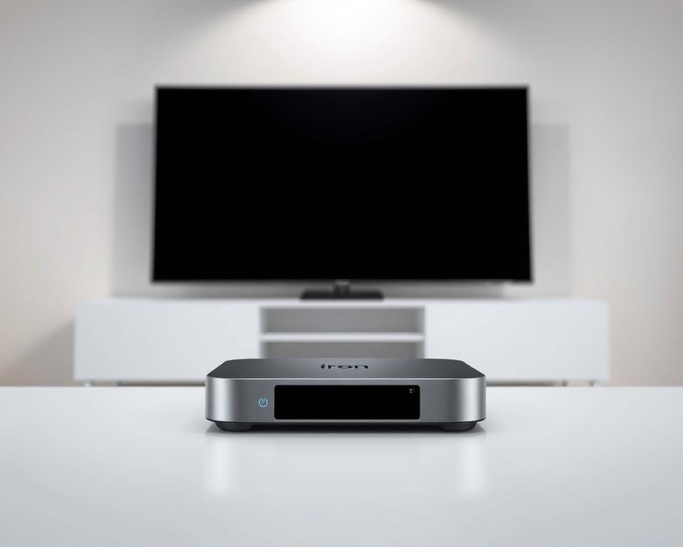 A modern, sleek media device set against a minimalist backdrop. In the foreground, the Iron TV Pro device takes center stage, its polished metal exterior and clean lines suggesting high-end technology. The middle ground features a simple desk or entertainment unit, allowing the device to be the focal point. The background is a neutral, light-colored wall, creating a sense of balance and focus on the subject. Soft, diffused lighting from above illuminates the scene, highlighting the device's premium design. The overall mood is one of sophistication and functionality, reflecting the power and capabilities of the Iron TV Pro.