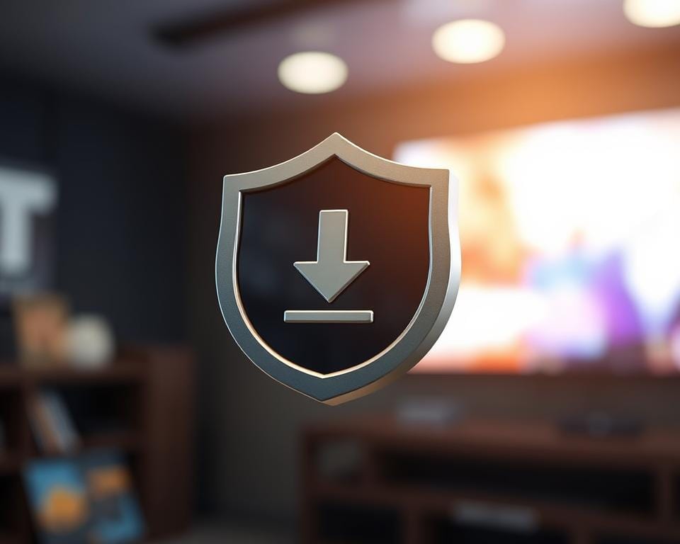 A secure download icon floating against a blurred background, casting a soft glow. The icon is rendered in metallic tones, with a sleek, modern design that conveys a sense of reliability and safety. The foreground is well-lit, drawing the viewer's attention to the key element, while the background is subtly out of focus, creating depth and emphasizing the central subject. The overall atmosphere is one of professionalism and trustworthiness, perfectly suited to illustrate the section on safely downloading the Iron TV Pro APK.