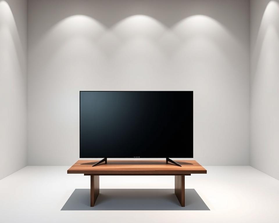 A sleek and modern "Design Iron Pro TV" set against a minimalist backdrop. The device is prominently displayed, its brushed metal chassis and angular design reflecting the sophisticated aesthetic. Soft, directional lighting accentuates the clean lines and premium finishes, creating depth and highlights the attention to detail. The TV is placed on a simple, wooden table, allowing it to be the focal point. The surrounding environment is a neutral, gallery-like space with smooth, white walls, conveying a sense of elegance and professionalism. The overall mood is one of understated luxury and refined, contemporary design.