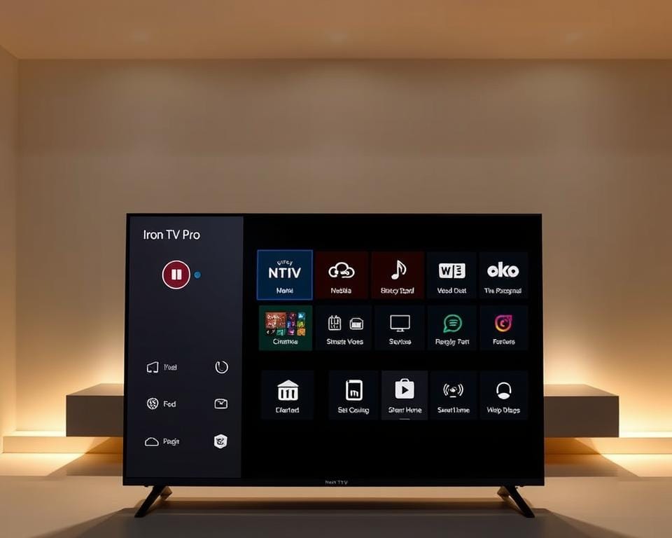 A sleek and modern media center interface with an array of advanced features for Iron TV Pro. In the foreground, a crisp, high-resolution display showcases various menu options and controls, bathed in a warm, soft lighting. The middle ground features intuitive icons and menus for media playback, streaming services, and smart home integration. In the background, a subtle, minimalist design aesthetic creates a sense of sophistication and elegance. The overall scene conveys the power and versatility of the Iron TV Pro, with a clean, user-friendly layout that beckons the viewer to explore its advanced functionalities.
