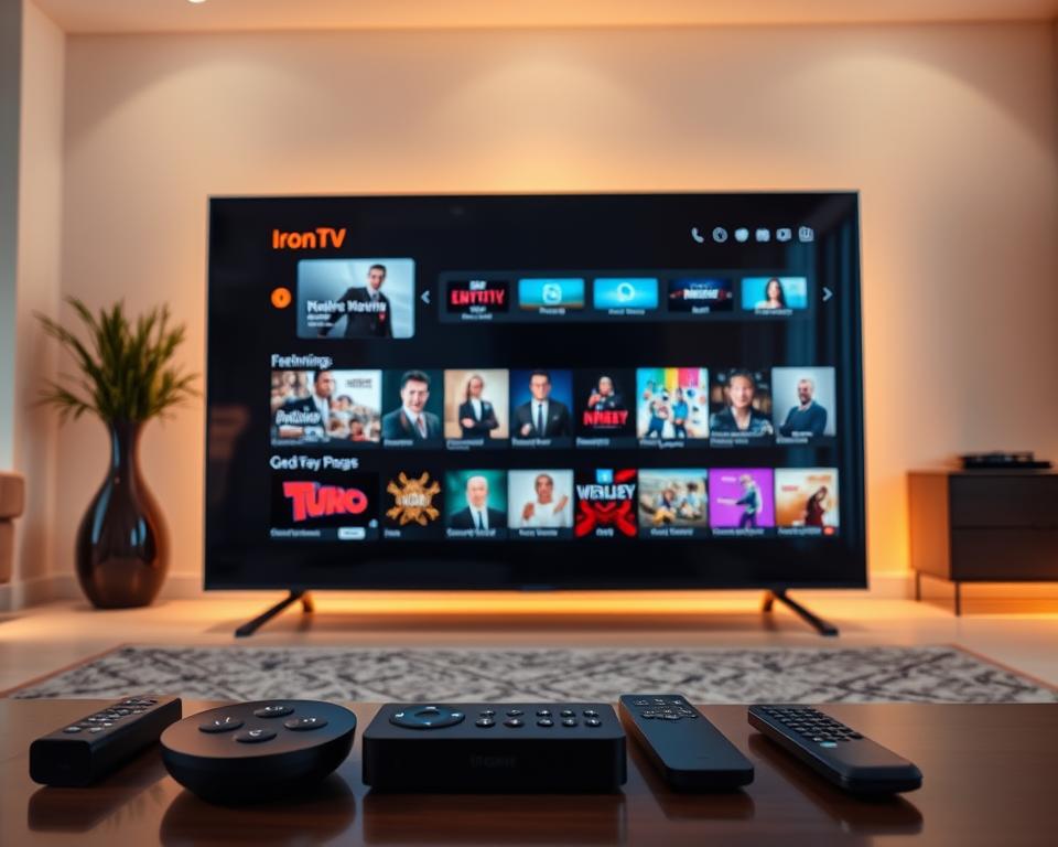 A sleek and modern television set, the Iron TV Pro, stands prominently in the center of the frame. Its glossy black exterior reflects the warm, ambient lighting that fills the room. The screen displays a vibrant and diverse selection of streaming content, showcasing the device's comprehensive media capabilities. In the foreground, various remote controls and accessories are neatly arranged, hinting at the seamless user experience. The background features a sophisticated, minimalist living room setting, with clean lines and neutral tones that complement the device's elegant design. The overall atmosphere conveys a sense of technological sophistication and media-rich entertainment.