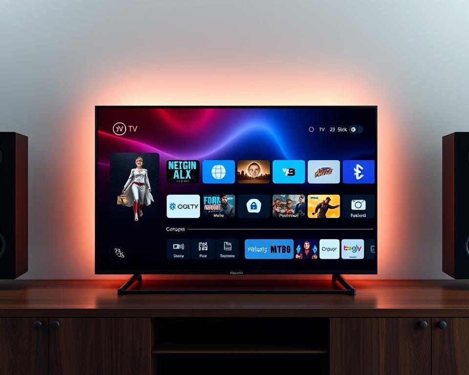 A sleek and modern user interface for the Iron TV Pro, showcasing a clean and intuitive layout. The main display features a high-resolution screen with vibrant colors and deep blacks, presenting content in a cinematic widescreen aspect ratio. The user controls are seamlessly integrated, with touch-sensitive buttons and a responsive on-screen menu system. Soft, diffused lighting illuminates the interface, creating a calm and professional atmosphere. The overall design exudes a sense of sophistication and attention to detail, reflecting the premium quality of the Iron TV Pro device.