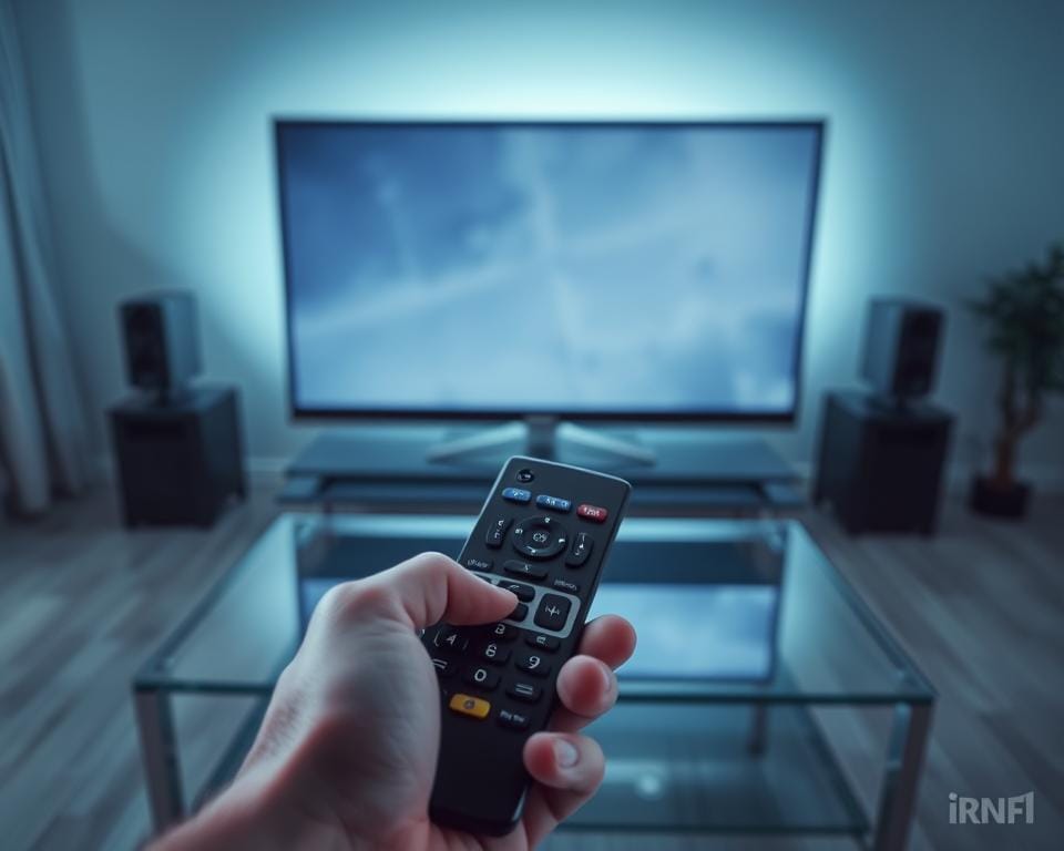 A sleek, modern TV set sits on a minimalist glass table, its screen dimmed and showing signs of wear. The room is bathed in a cool, subdued lighting, creating an atmosphere of disappointment and dissatisfaction. In the foreground, a hand holds a remote control, the buttons worn and the casing cracked, symbolizing the frustrations and inconveniences associated with the device. The background is blurred, keeping the focus on the TV and the problematic remote, conveying the sense that the user's experience is the central issue. The overall scene evokes a sense of frustration and the need for a more reliable and user-friendly alternative to the "Inconvénients Iron TV Pro".