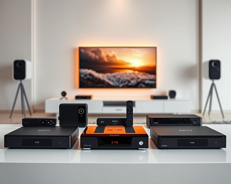 A sleek, modern comparison of multimedia players, showcased in a high-end, studio-style setup. In the foreground, an array of the latest streaming devices sits atop a pristine white surface, their elegant designs and intuitive interfaces inviting exploration. In the middle ground, a large, high-definition display casts a warm, cinematic glow, hinting at the immersive viewing experience these players can provide. The background features a minimalist, yet stylish setting, with subtle lighting and clean lines that complement the streamlined aesthetic of the devices. The overall mood is one of sophistication and technological prowess, highlighting the capabilities of these multimedia players to deliver a premium entertainment experience.