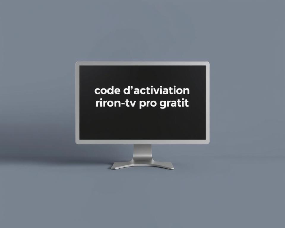 A sleek, modern computer screen displays the "code d'activation iron-tv pro gratuit" prominently in the center. The screen is set against a minimalist, muted background with clean lines and a subtle gradient, creating a sense of simplicity and focus. The lighting is soft and even, highlighting the screen's crisp, high-resolution display. The overall composition is balanced and visually appealing, reflecting the professionalism and accessibility of the Iron-TV Pro system.