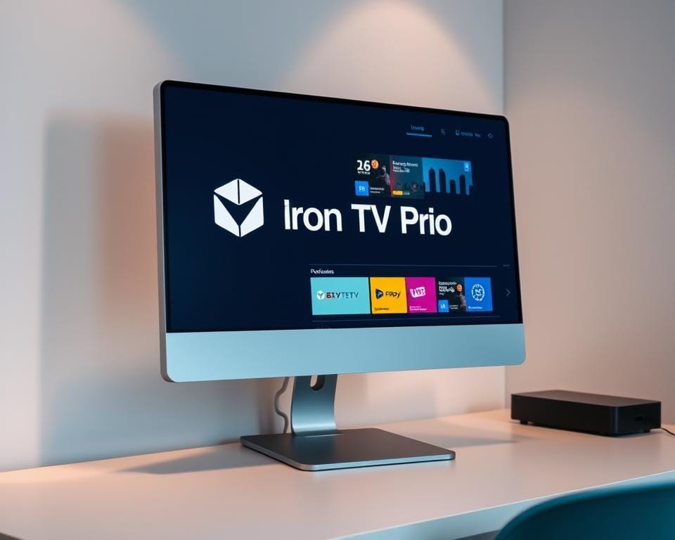 A sleek, modern desktop computer monitor with a sharp, high-resolution display. The screen shows the Iron TV Pro logo and interface, showcasing its intuitive online platform for accessing live TV, on-demand content, and other media services. The monitor is positioned on a clean, minimalist desk with a simple, elegant design. Soft, directional lighting illuminates the scene, creating a warm, inviting atmosphere. The overall composition emphasizes the accessibility and user-friendliness of the Iron TV Pro online experience.