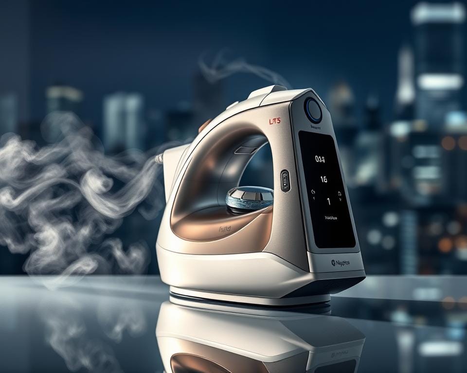 A sleek, modern steam iron with a high-definition display, standing prominently on a reflective glass surface. The device's metallic body gleams under soft, directional lighting, casting subtle shadows that accentuate its streamlined design. The steam vents along the sides emit wispy tendrils of vapor, creating a sense of functionality and power. In the background, a blurred, out-of-focus cityscape suggests an urban, technology-driven environment. The overall composition conveys a sense of sophistication, innovation, and the seamless integration of household appliances with digital technology.