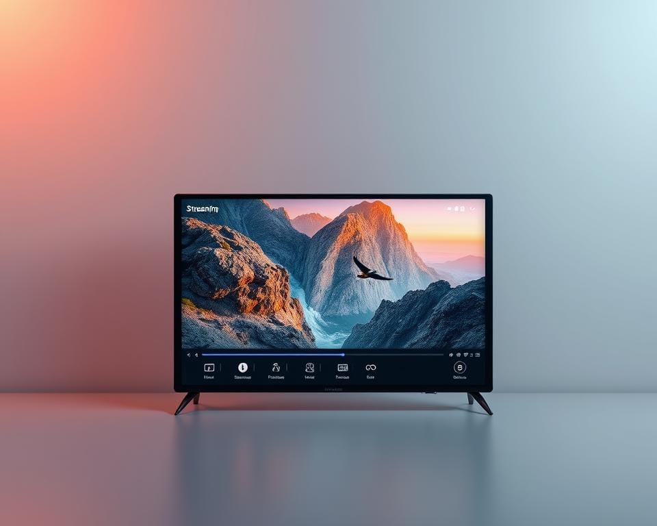 A sleek, modern streaming application interface set against a minimalist backdrop. In the foreground, a clean, intuitive display showcases streaming options and controls, with crisp icons and a responsive touch-based layout. The middle ground features a large, high-definition video player window, displaying vibrant, true-to-life imagery with exceptional clarity and color accuracy. In the background, a subtle gradient or soft-focus texture creates a sense of depth and professional polish. Warm, directional lighting from the top-left casts a gentle glow, accentuating the application's smooth, streamlined design and premium user experience.