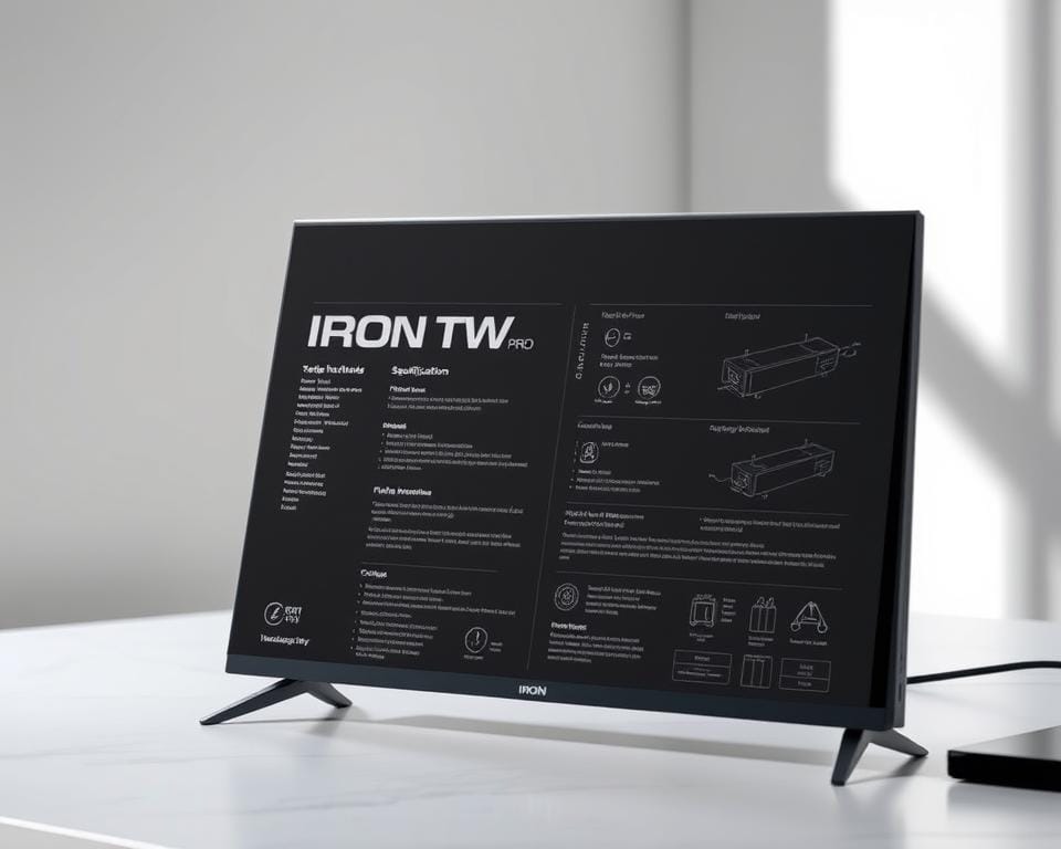 A sleek, modern technical specification document for the Iron TV Pro, showcased on a minimalist desk against a soft, diffused lighting. The document is rendered with a high-quality, professional aesthetic, featuring clean typography, precise diagrams, and carefully arranged technical details. The overall mood is one of sophistication and attention to detail, reflecting the premium nature of the product. The camera angle is slightly elevated, capturing the document from an angle that highlights its elegant design and engineering focus.