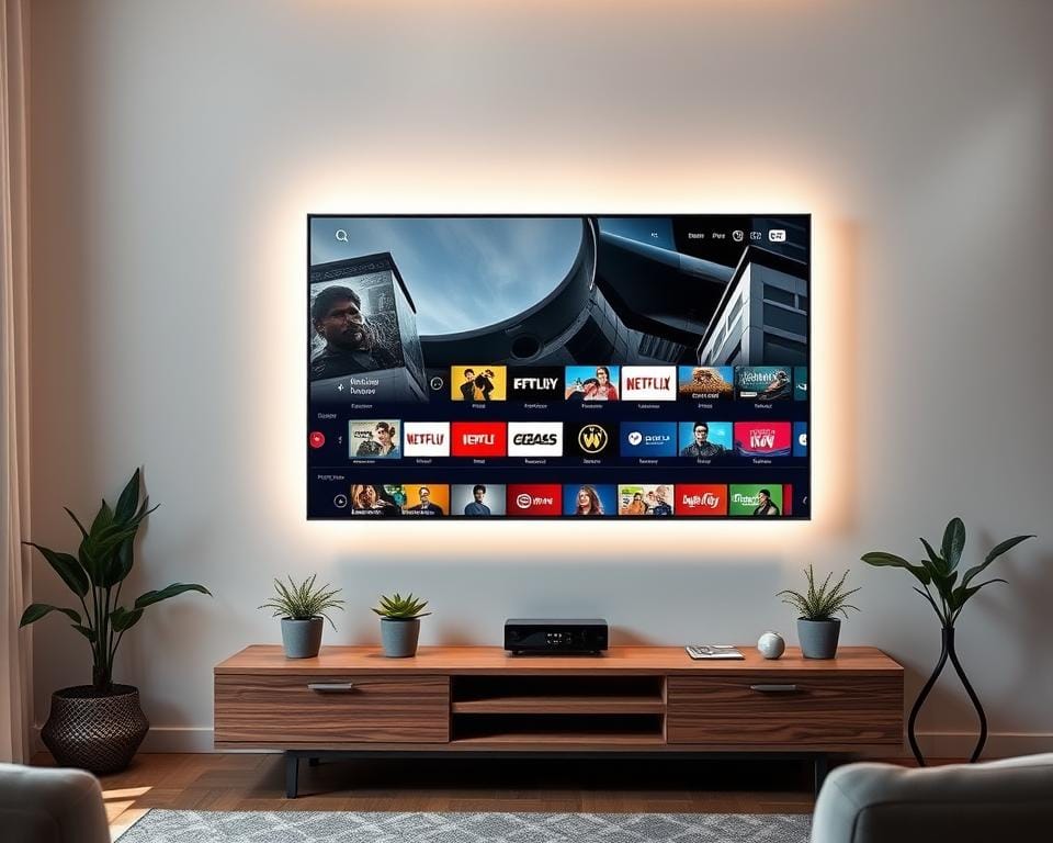 A sleek, modern television set prominently displayed in a well-lit, minimalist living room. The screen shows a dynamic, high-definition display of various electronic entertainment and streaming options. The TV's exterior is a polished, dark grey metal frame with a slim profile, accentuated by soft, indirect lighting that emanates from behind, creating a subtle, ambient glow. The television is positioned on a minimalist, wooden media console, surrounded by potted plants and other carefully curated decor elements that complement the room's clean, contemporary aesthetic. The overall scene conveys a sense of high-end, sophisticated technology seamlessly integrated into a stylish, comfortable living space.