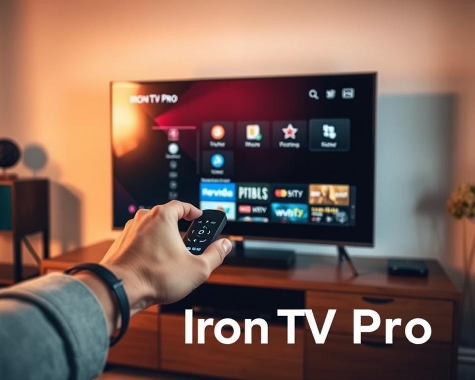 A sleek, modern television with a minimalist design sits atop a wooden media console. The screen displays the Iron TV Pro interface, showcasing its intuitive menu system and user-friendly layout. In the foreground, a hand interacts with the on-screen controls, demonstrating the seamless installation and intuitive usage of the application. The scene is lit by warm, indirect lighting, creating a cozy and inviting atmosphere. The composition is balanced, with the television positioned as the focal point, surrounded by subtle details that complement the overall aesthetic. The resulting image should convey the power and convenience of the Iron TV Pro application, resonating with the article's subject and section title.