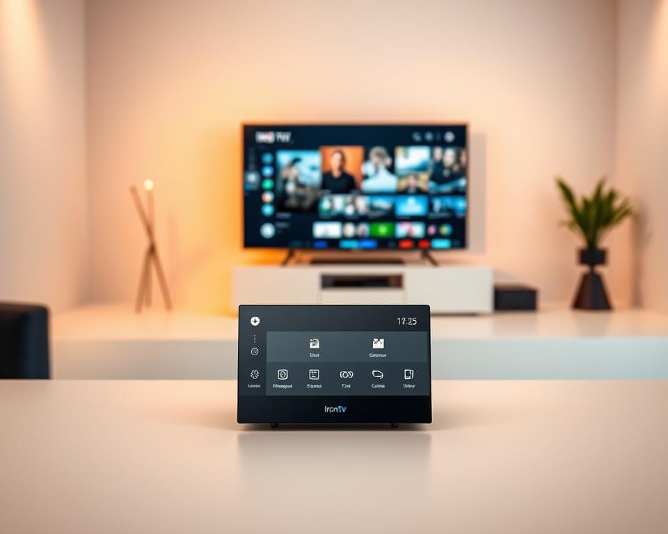 A sleek, modern user interface for the Iron TV Pro media player, showcased in a minimalist, well-lit studio setup. The foreground features the device's clean, intuitive dashboard with crisp icons and seamless navigation controls. The middle ground showcases the TV screen displaying vivid, high-quality video content, reflecting the platform's media capabilities. The background has a softly blurred, neutral-toned studio setting, emphasizing the product's sophisticated, high-end design. Warm, directional lighting accentuates the interface's elegant lines and subtle textures, creating a professional, polished atmosphere.
