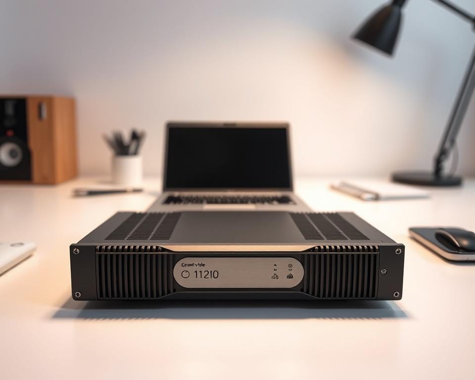 A sleek, state-of-the-art "générateur de code iron-tv pro" device rests on a minimalist desk, its metallic chassis gleaming under the soft, directional lighting. The device is displayed in the foreground, taking up a prominent position and commanding attention. In the middle ground, a clean, uncluttered workspace with a laptop and a few essential office supplies creates a professional, focused atmosphere. The background is blurred, creating a sense of depth and emphasizing the subject. The overall mood is one of efficiency, innovation, and technological prowess, perfectly suited to illustrate the section on using an Iron-TV Pro code generator.