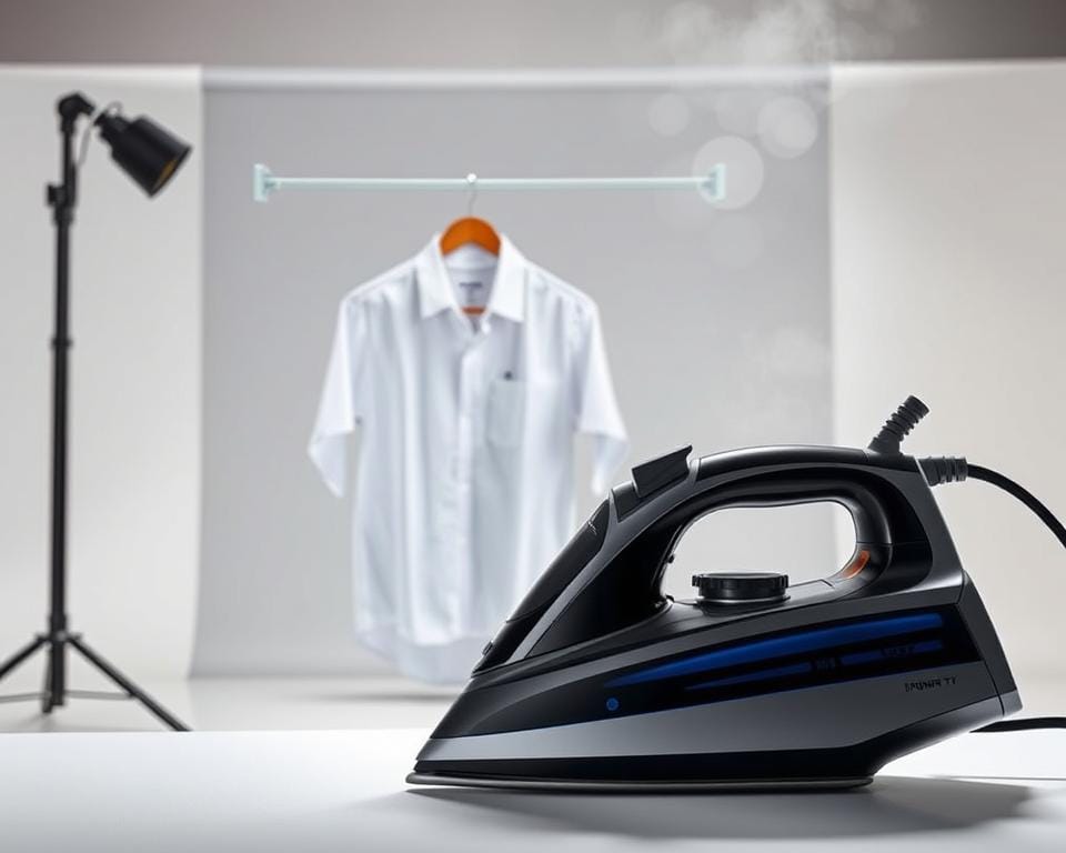 A well-lit studio scene showcasing the performance of the Iron Pro TV iron. The iron is positioned prominently in the foreground, its sleek black and silver design gleaming under soft, diffuse lighting. In the middle ground, a crisp, freshly pressed white shirt hangs on a clothing rack, showcasing the iron's impressive steam output and wrinkle-removing capabilities. The background features a minimal, uncluttered set design with clean, white walls, evoking a professional, product-focused aesthetic. The overall scene conveys the iron's power, efficiency, and ability to deliver a perfect ironing experience.
