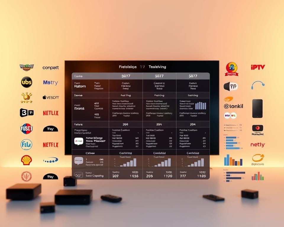 Comparaison IPTV: A Dynamic Visualization A holistic side-by-side comparison of leading IPTV service providers, captured in a sleek, data-driven infographic. In the foreground, high-resolution icons and logos of popular IPTV platforms, meticulously arranged to highlight their distinct features and offerings. The middle ground showcases a dynamic grid of comparative metrics, such as channel count, pricing tiers, device compatibility and user ratings, all visually represented through clean, intuitive charts and graphs. In the background, a subtle gradient backdrop evokes a sense of technological sophistication, complementing the streamlined, minimalist aesthetic. Warm, balanced lighting creates depth and emphasizes the clarity of the information displayed, inviting the viewer to easily compare and contrast the IPTV options at a glance.