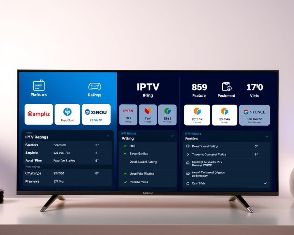 Comparison of IPTV services: a sleek, modern interface showcasing various IPTV platforms side by side, with clean typography, icons, and subtle UI elements. The foreground features three main IPTV options, each with distinct branding and pricing information. The middle ground displays user ratings, feature comparisons, and performance metrics in an infographic-style layout. The background has a soft, blurred gradient that conveys a sense of technology and digital connectivity. The overall mood is professional, informative, and visually appealing, suitable for an article on IPTV alternatives.
